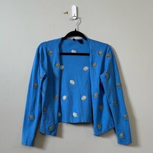 ETOILE blue multi coloured fish embroidered open front cardigan sweater